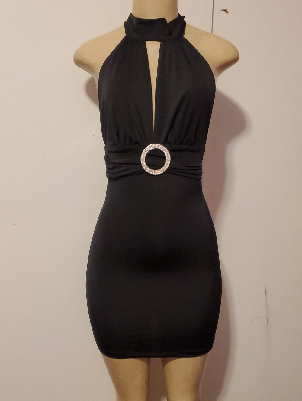Symphony Black Halter Mini Dress with Rhinestone Waist Ring